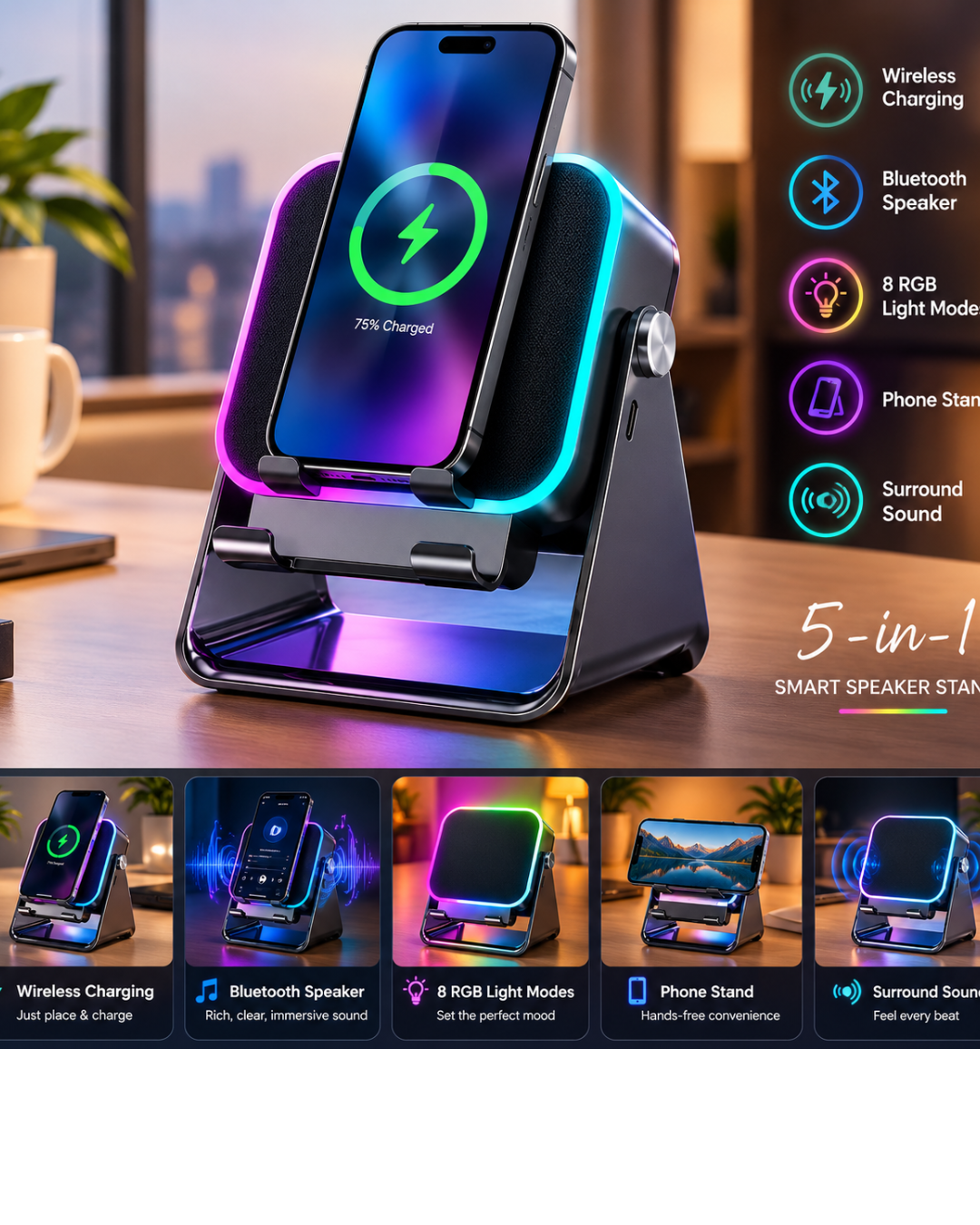 GlowSync 5-in-1 Wireless Speaker & Charging Stand